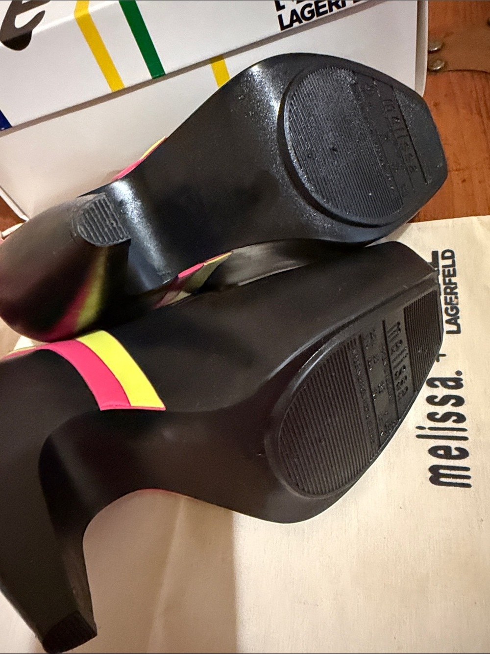 Melissa by Karl Lagerfeld  Black Mary Jane Pumps with Pink & Yellow Heel Stripes - Picture 7 of 8
